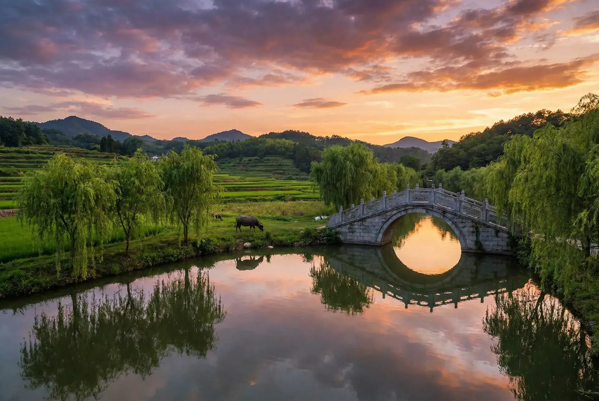 夕阳下的石拱桥与垂柳，水牛在河边吃草 - 全裸萝莉 乡村美景