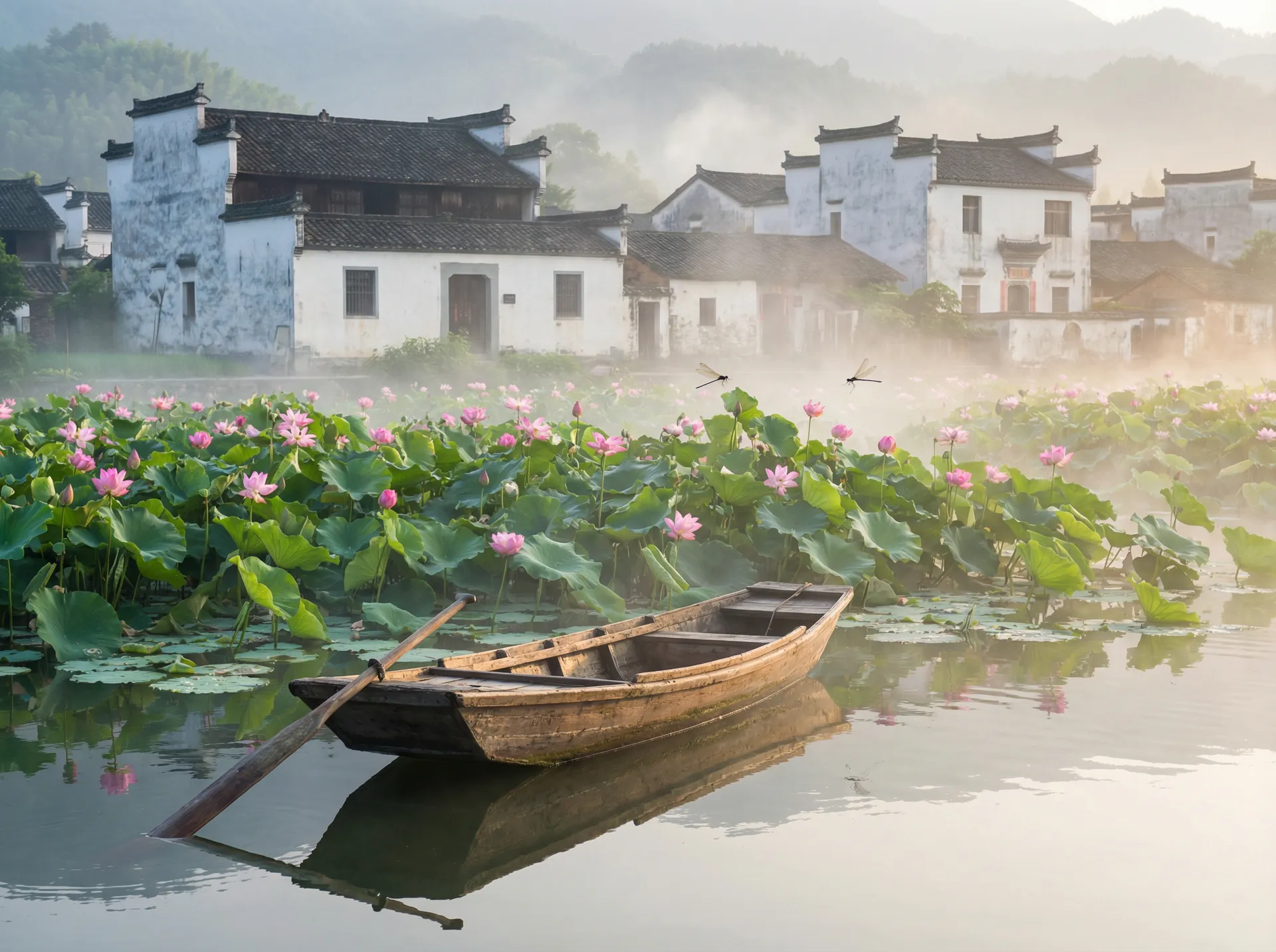 清晨荷塘小舟，粉色荷花盛开，白墙黑瓦的村庄 - 全裸萝莉 水乡风情